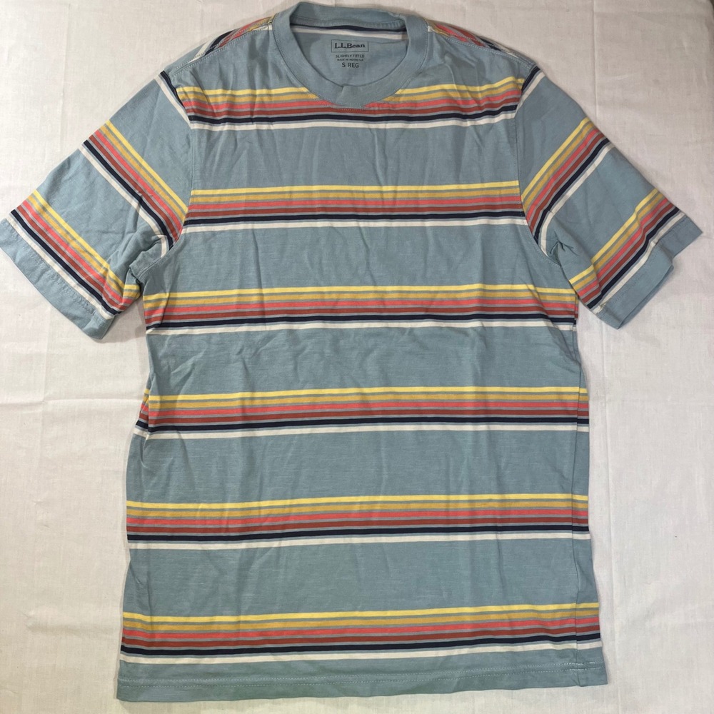 LL Bean Mens Small Slightly Fitted Organic Cotton Striped T-Shirt Blue 520221